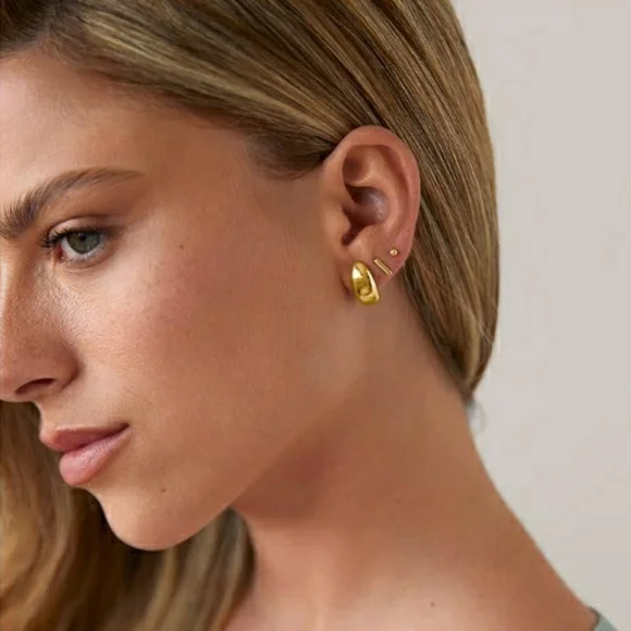 14K White Gold Plated 925 Sterling Silver Post Gold Dome Huggie Hoop Earrings - Picture 4 of 5